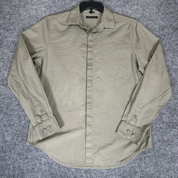 Theory‎ Shirt Mens Large Brown Solid Button Up Long Sleeve Casual Office Adult - Picture 1 of 7